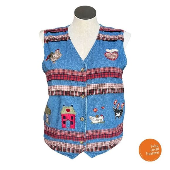 Vintage Denim Barnyard Farm Teacher Vest - Picture 1 of 10